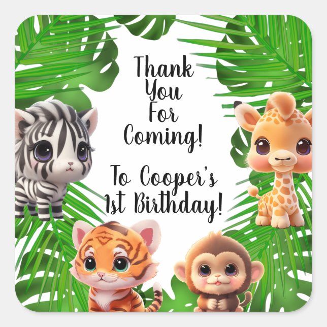 Safari friends tiger giraffe zebra monkey elephant square sticker (Front)