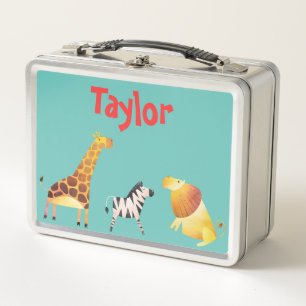 Safari Fun Giraffe Lion and Zebra Metal Lunch Box