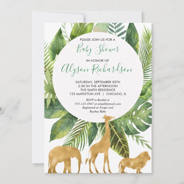 Safari gender neutral green gold baby shower invitation (Front)