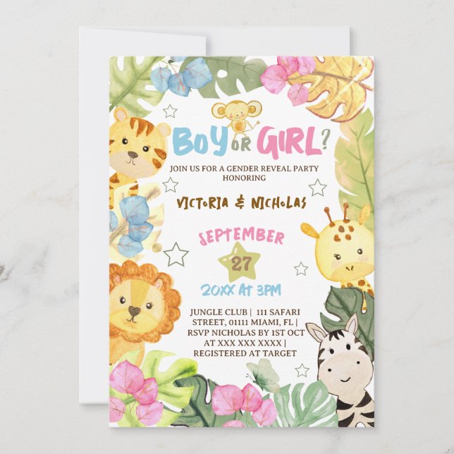 Safari Gender Reveal Watercolor Invitation (Front)