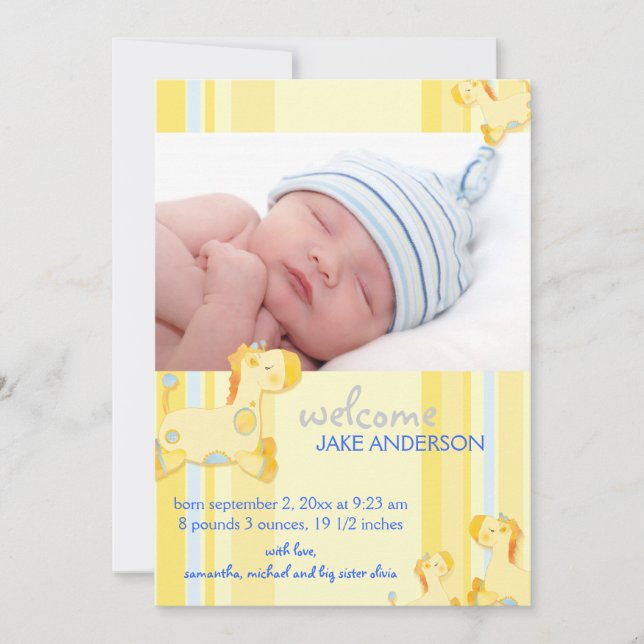 Safari Giraffe Baby Boy Photo Birth Announcement (Front)