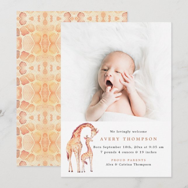 Safari Giraffe Baby Photo  Birth Announcements (Front/Back)