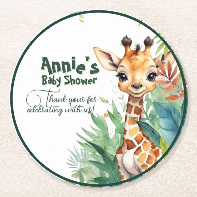 Safari Giraffe Baby Shower Green Round Paper Coaster (Front)