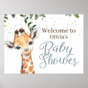 Safari Giraffe Blue Grey Welcome Baby Shower Poster