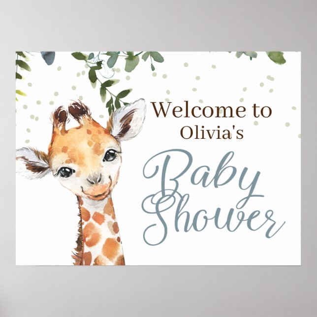 Safari Giraffe Blue Grey Welcome Baby Shower Poster (Front)