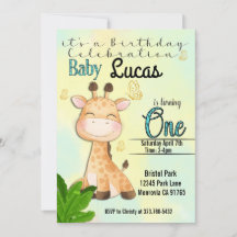 Safari  Giraffe first Birthday invitation