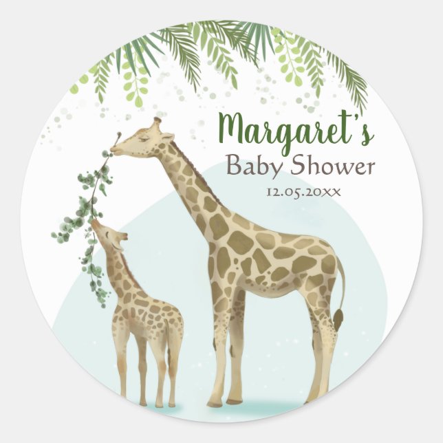 Safari Giraffe Green Leaf Baby Round Sticker (Front)