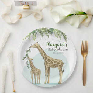 Safari Giraffe Green Leaf Baby Shower Paper Plate