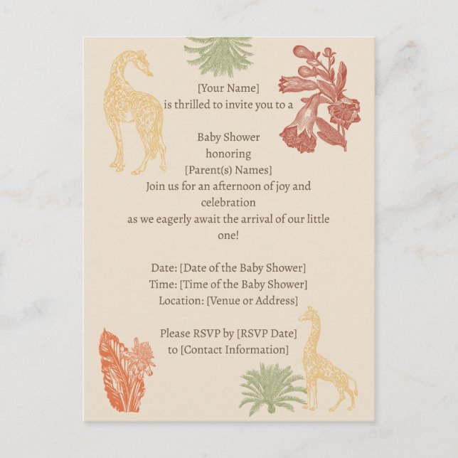 Safari Giraffe & Palm Leaves Baby Shower Postcard (Front)