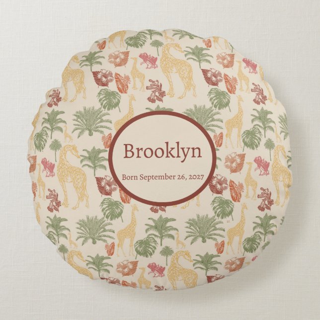 Safari Giraffe & Tropical Leaves Nursery Round Cushion (Front)