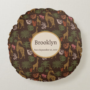 Safari Giraffe & Tropical Leaves Nursery Round Cushion