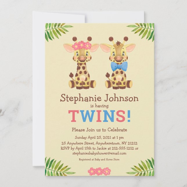 Safari Giraffe Twins Boy and Girl Cute Baby Shower Invitation (Front)
