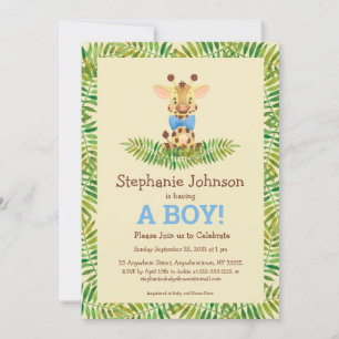 Safari Giraffe Watercolor Cute Boy Baby Shower Invitation