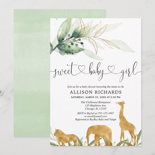 Safari girl baby shower invitation sweet baby girl (Front/Back)
