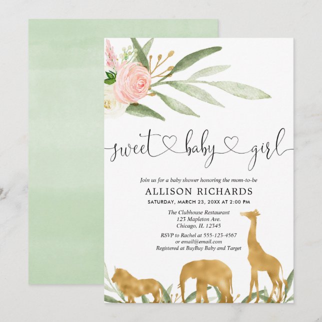 Safari girl baby shower invitation sweet baby girl (Front/Back)