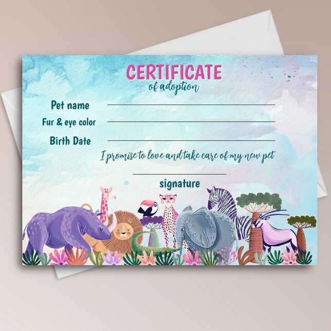 Safari girl birthday animal adoption certificate invitation (Creator Uploaded)