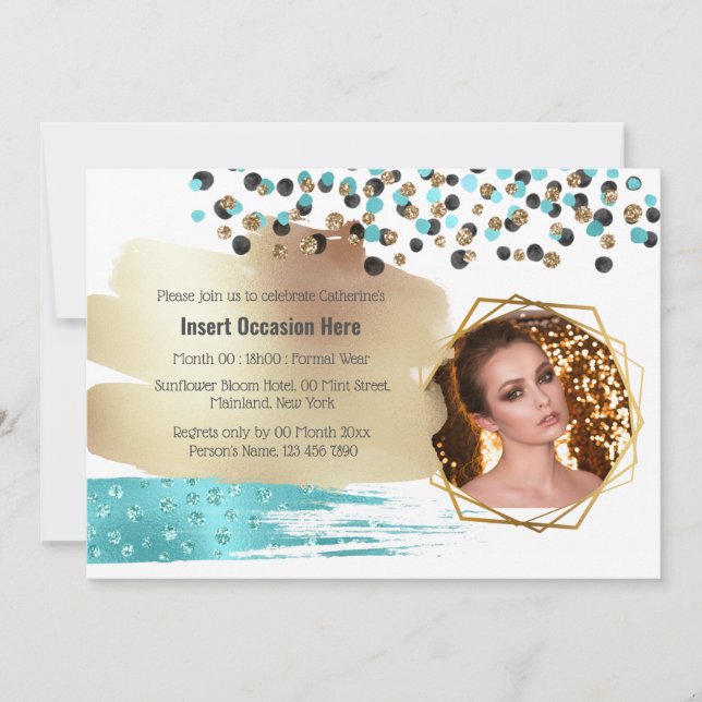Safari gold blue cheetah spots confetti glitter invitation (Front)