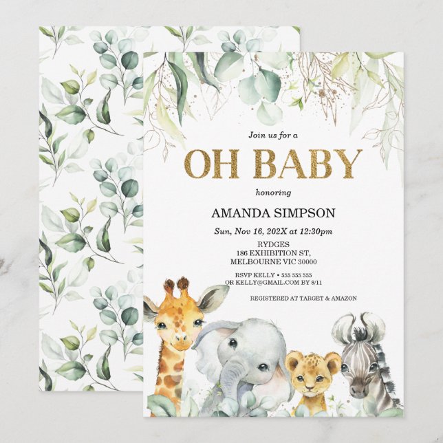 Safari Gold Green Foliage Baby Shower Invitation (Front/Back)