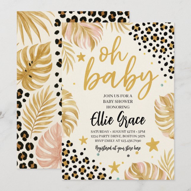 Safari Gold Leopard Print Baby Shower Invitation (Front/Back)