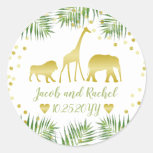 Safari Green and Gold Animals with Palm Branches Classic Round Sticker