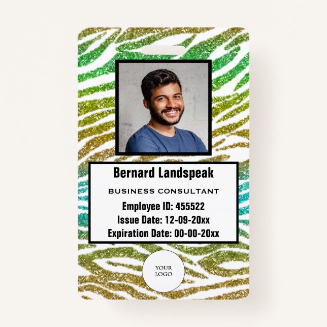 Safari Green Zebra Stripes Glitter Logo & Photo ID Badge (Front)