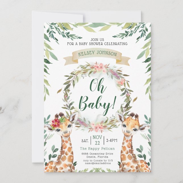 Safari Greenery Giraffe Oh Baby Shower Invitation (Front)