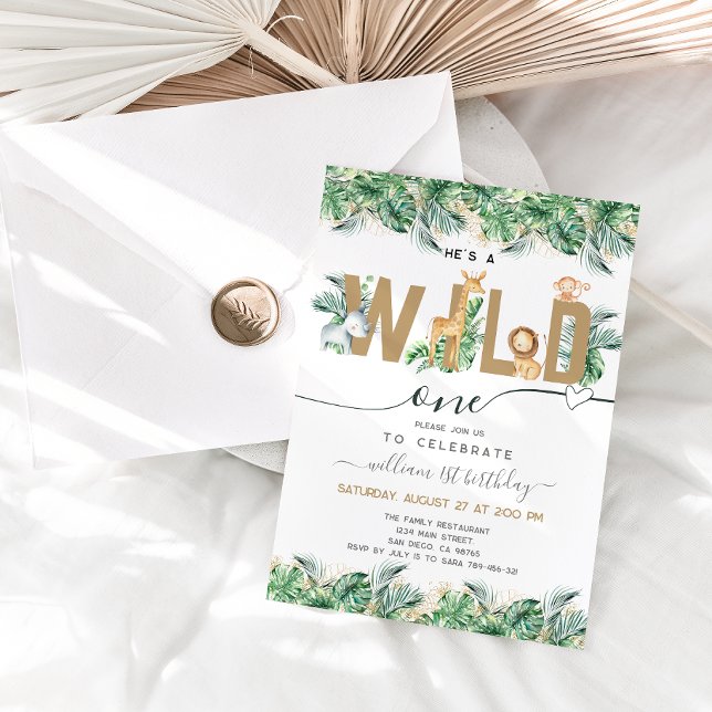 Safari Greenery Wild One Boy 1st Birthday Photo Invitation (Creator Uploaded)