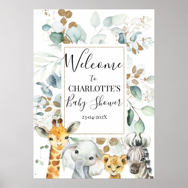 Safari Grey Gold Foliage Baby Shower Welcome Poster (Front)
