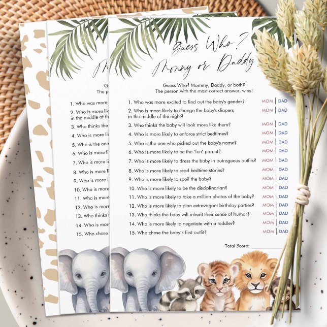 Safari Guess Who Mummy or Daddy, Baby Shower Game (Safari Animals, baby Boy Shower game, Guess Who, Mommy or Daddy?)