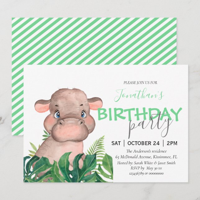 Safari hippo birthday party  announcement (Front/Back)