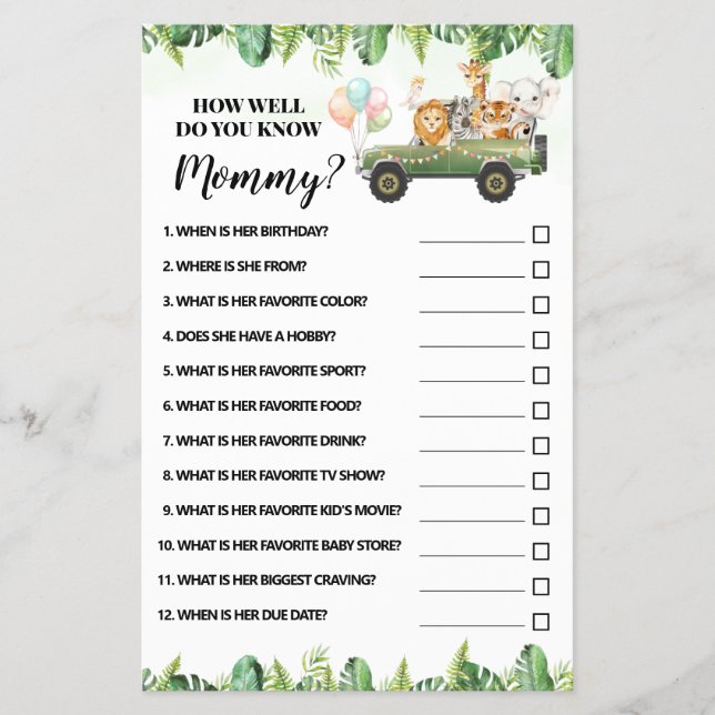 Safari How well do you know Mum Shower Game Card (Front)
