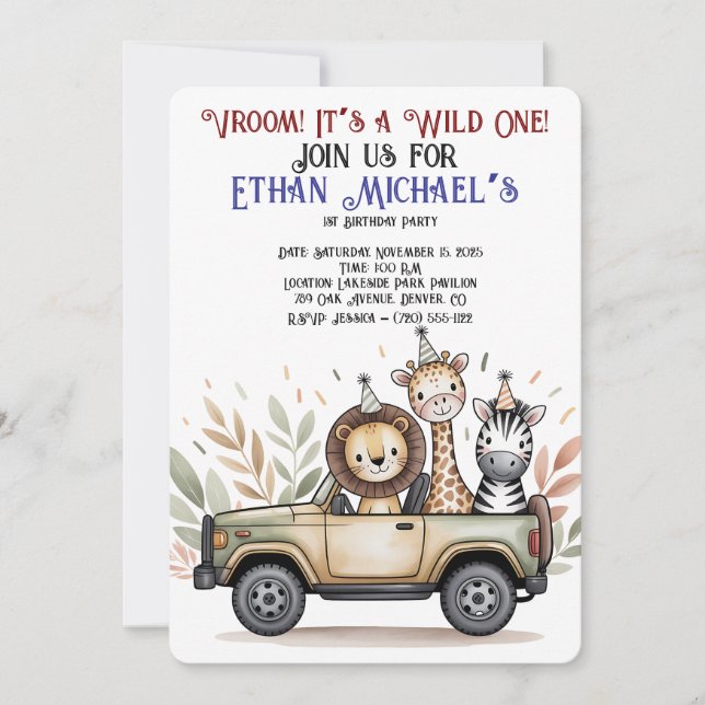 Safari Jeep Wild One First Birthday Invitation (Front)