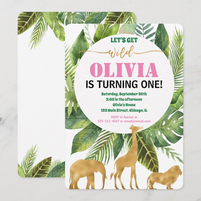 Safari jungle 1st birthday girl wild one invitation (Front/Back)