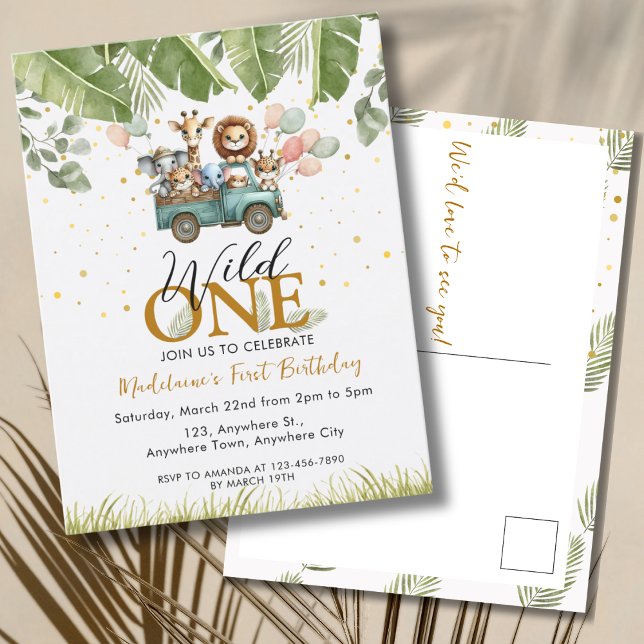 Safari Jungle Animal 1st Wild One First Birthday Postcard (Creator Uploaded)