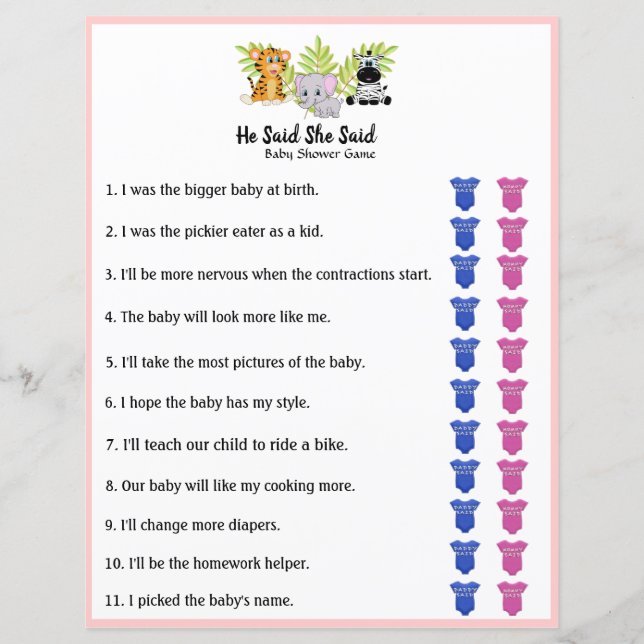 Safari Jungle Animal Baby Shower He Said She Said (Front)