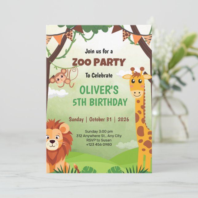 Safari Jungle Animal Birthday 5th Invitation Cards (Standing Front)