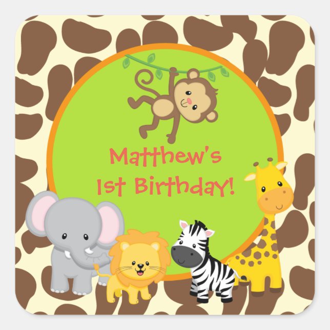 Safari Jungle Animal Birthday party favour sticker (Front)