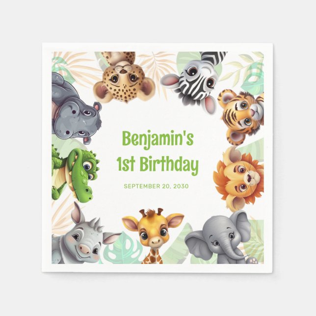Safari Jungle Animal Child's 1st Birthday Party Napkin (Front)