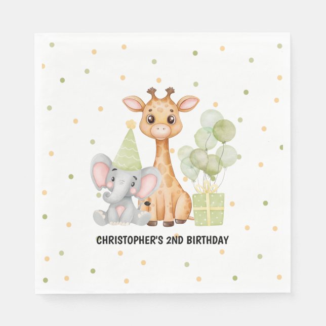 Safari Jungle Animal Green Boys Birthday  Napkin (Front)