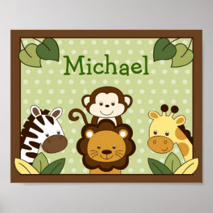 Safari Jungle Animal Nursery Wall Art Name Print