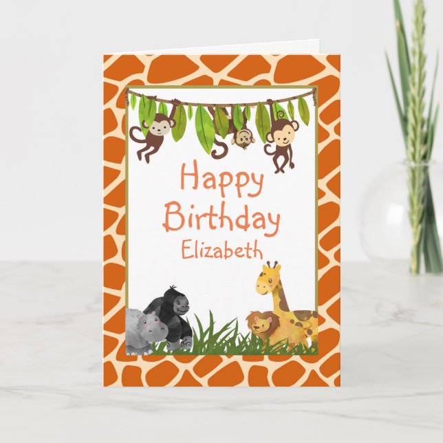 Safari Jungle Animal Theme Happy Birthday Card (Front)