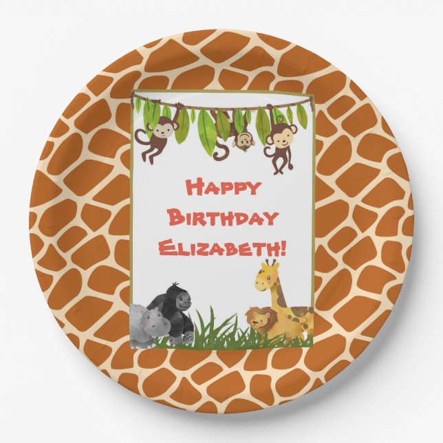 Safari Jungle Animal Theme Happy Birthday Paper Plate (Front)