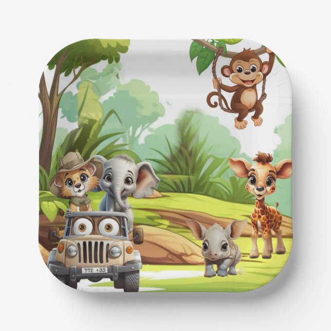 Safari Jungle Animal Wild One 1st Birthday Party Paper Plate (Front)