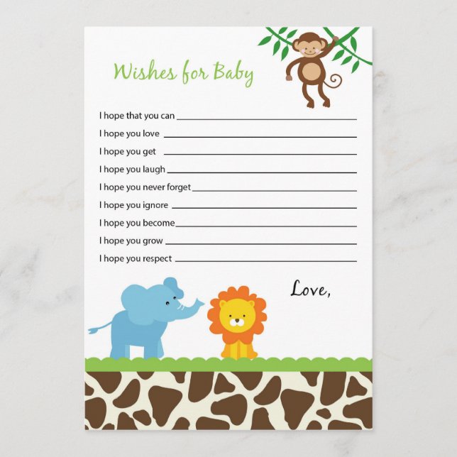 Safari Jungle Animal Wishes for Baby Advice Cards (Front)