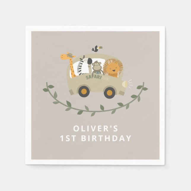 Safari Jungle Animals 1st Birthday Custom Name   Napkin (Front)
