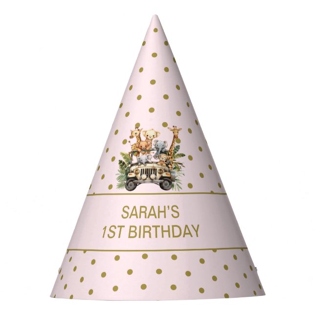 Safari Jungle Animals 1st Birthday Pink & Gold  Party Hat (Front)