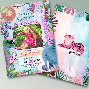 Safari jungle animals any age girl birthday photo invitation