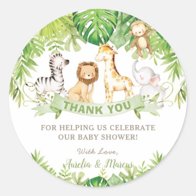 Safari Jungle Animals Baby Shower Boy Green Forest Classic Round Sticker (Front)