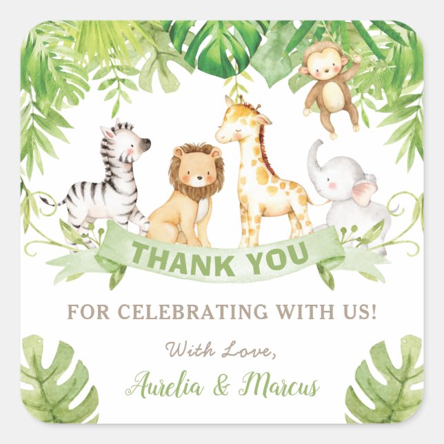 Safari Jungle Animals Baby Shower Boy Green Forest Square Sticker (Front)