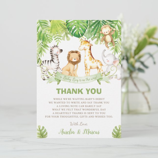 Safari Jungle Animals Baby Shower Boy Green Forest Thank You Card (Standing Front)